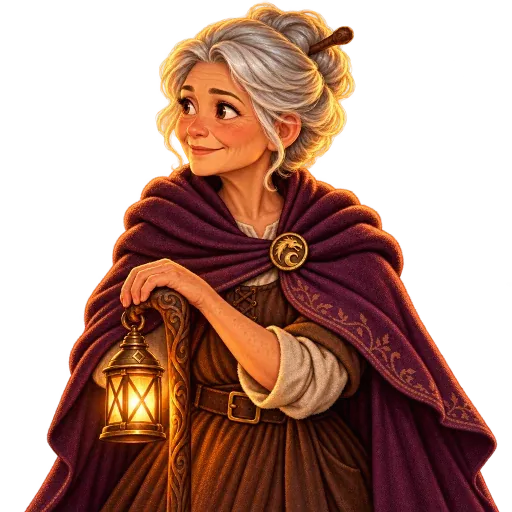 Keeper Tamsin, an older woman with a lantern