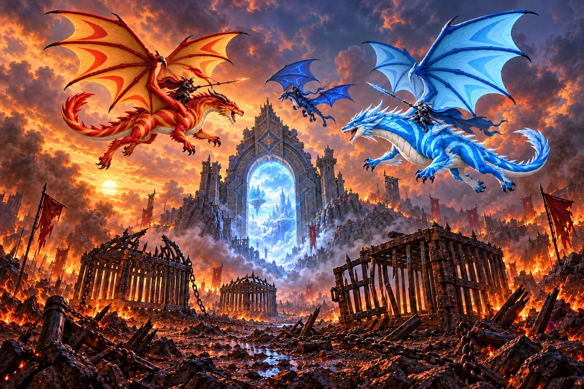 Riders on dragons fight above a glowing Dawngate, with broken dragon cages below
